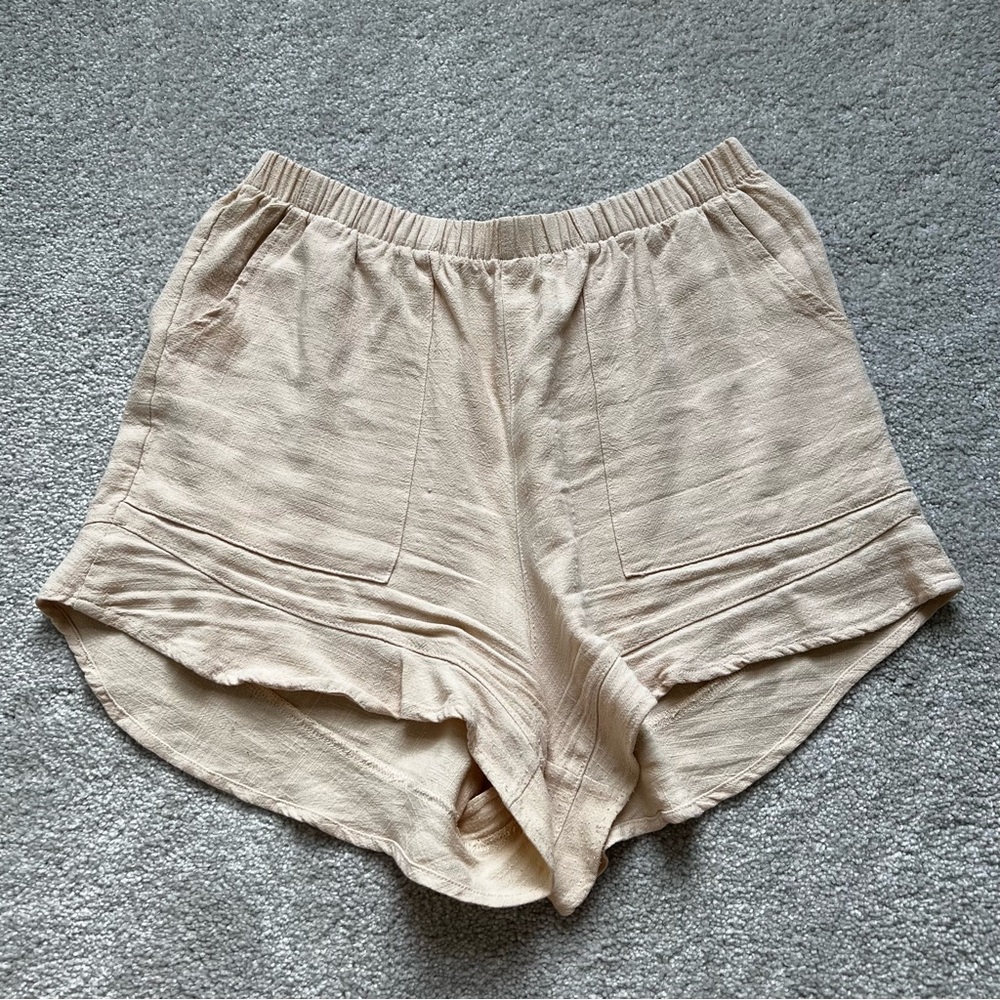 Ruffle Hem Beige Tan Elastic Waist Summer Shorts